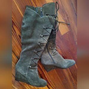 AEROSOLES Olive Suede Wedge Over-the-Knee Lace-Up Boots